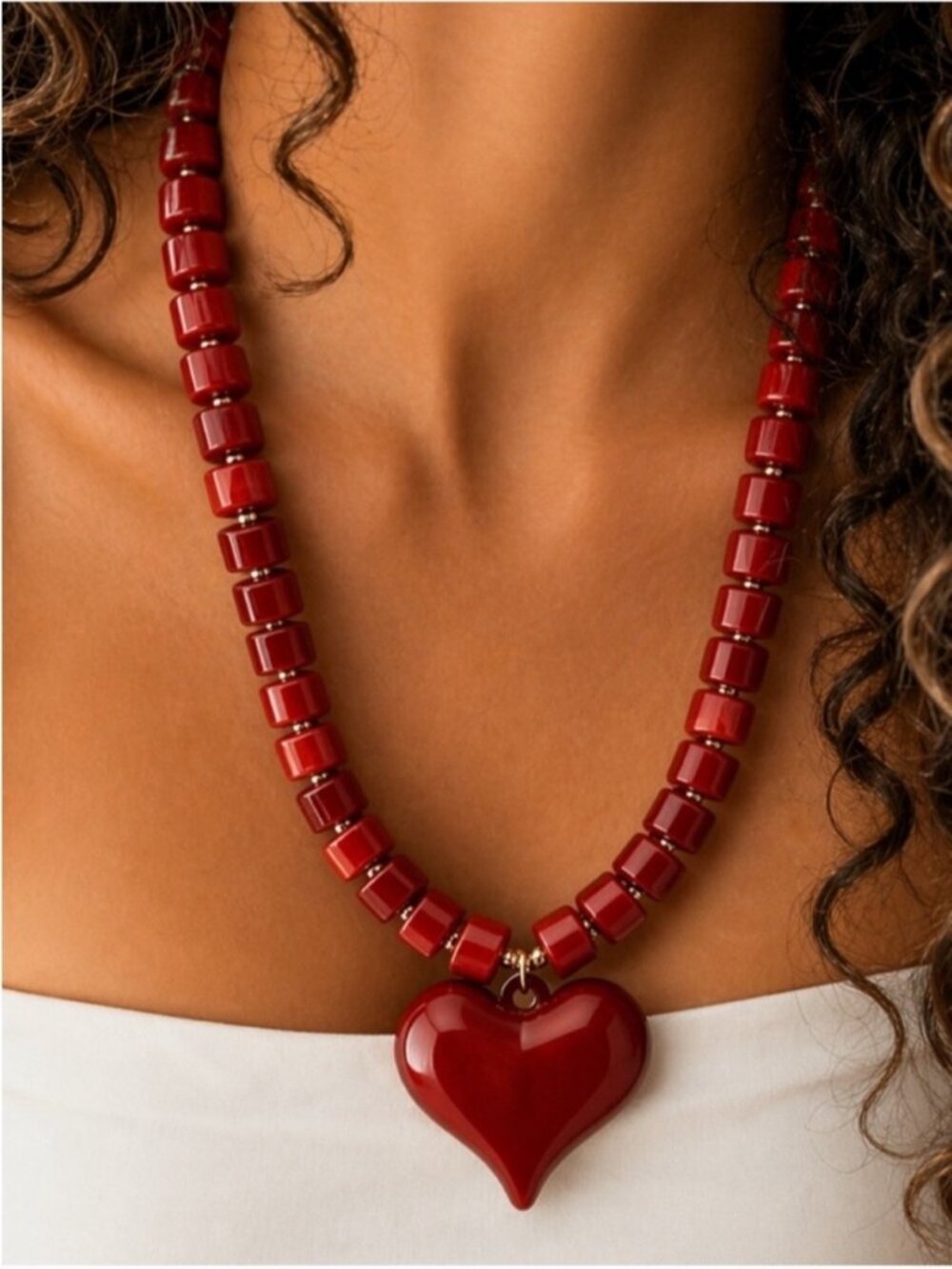 New! Red Heart Marbled Bead Necklace NWOT